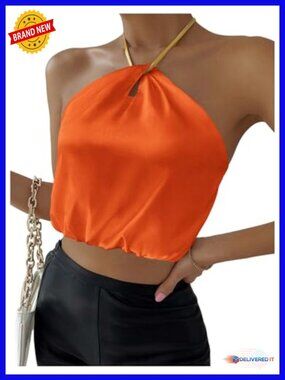 Sleeveless Halter Neck Tie Back Satin Crop Top